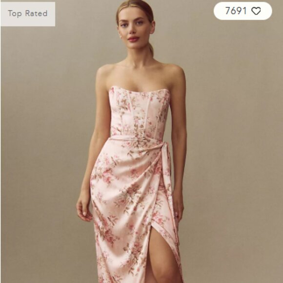 V. Chapman June Printed Corset Front-Slit Satin Gown - Peach Tapestry - Picture 1 of 5